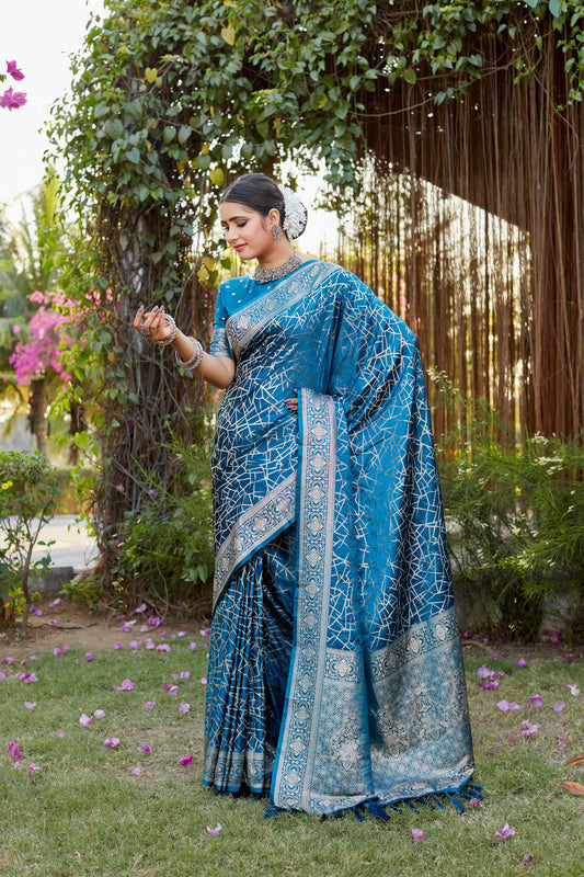 Teal Kanjivaram Soft Satin Silk Saree For Women