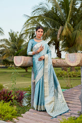 Teal Color Pure Kanjivaram Soft Satin Silk Saree