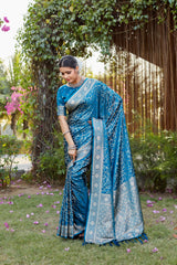 Teal Kanjivaram Soft Satin Silk Saree For Women