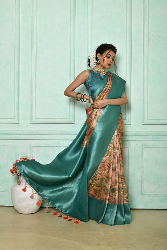 Teal Soft Silk Saree with Kalamkari Prints