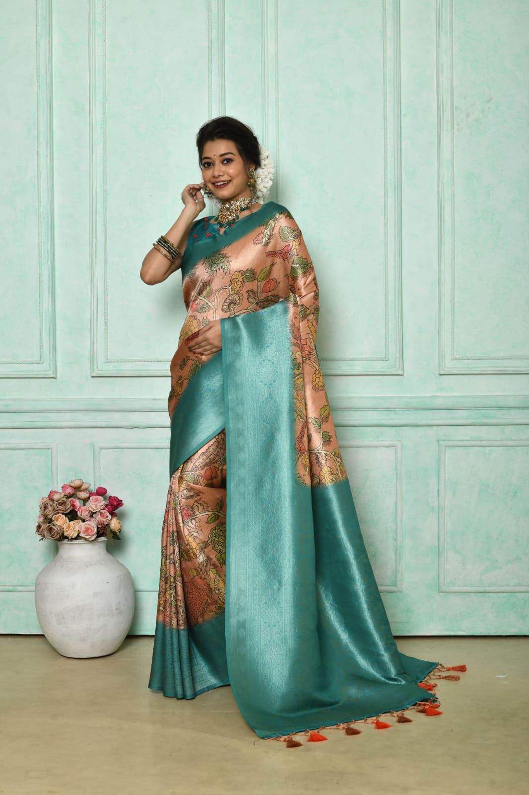 Teal Soft Silk Saree with Kalamkari Prints