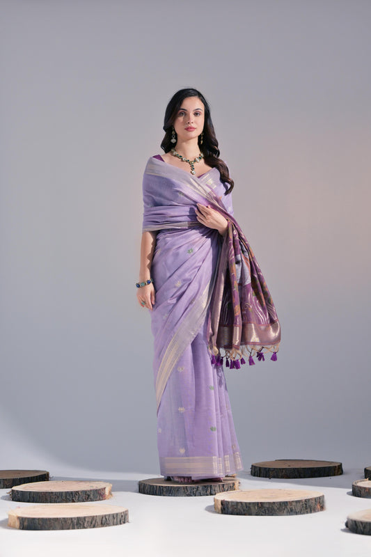 Violate Muga Cotton Saree with Contrast Blouse.