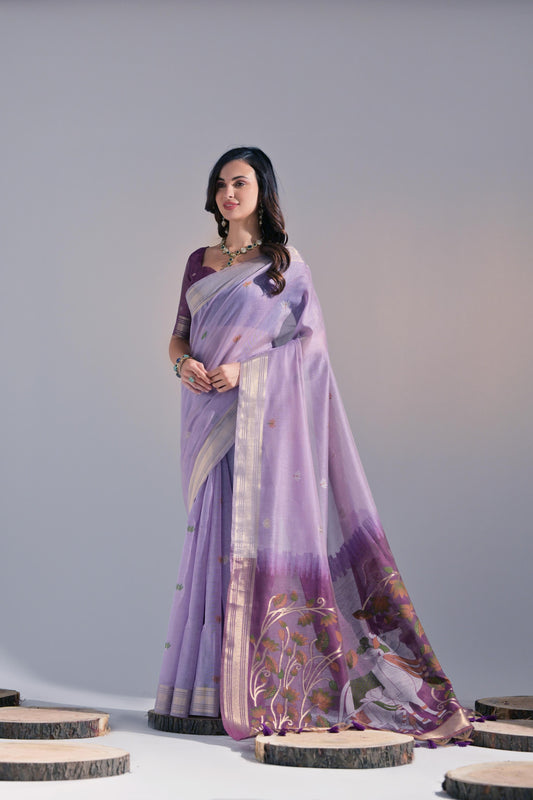 Violate Muga Cotton Saree with Contrast Blouse.