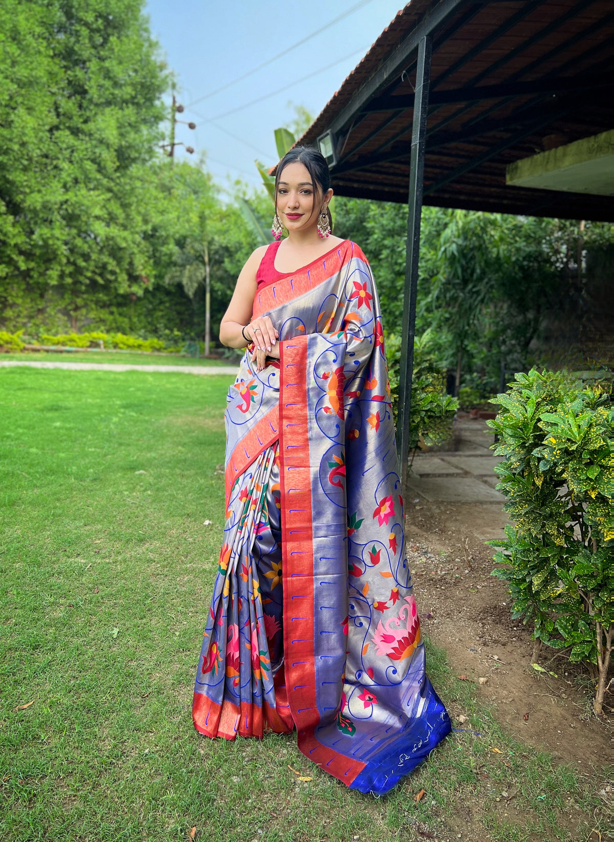 Violate Color Pure Paithani Saree with All-Over Zari and Meenakari Weaves | Richly Woven Pallu | Stunning Multi-Colored Border | Includes Unstitched Blouse Piece.