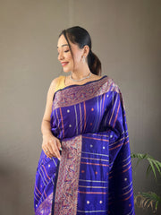 Elegantly Violate Color Woven Silk Saree with Silver, Copper, and Antique Detailing: Jacquard Border and All-Over Zari Lining with Unstitched Blouse Piece.