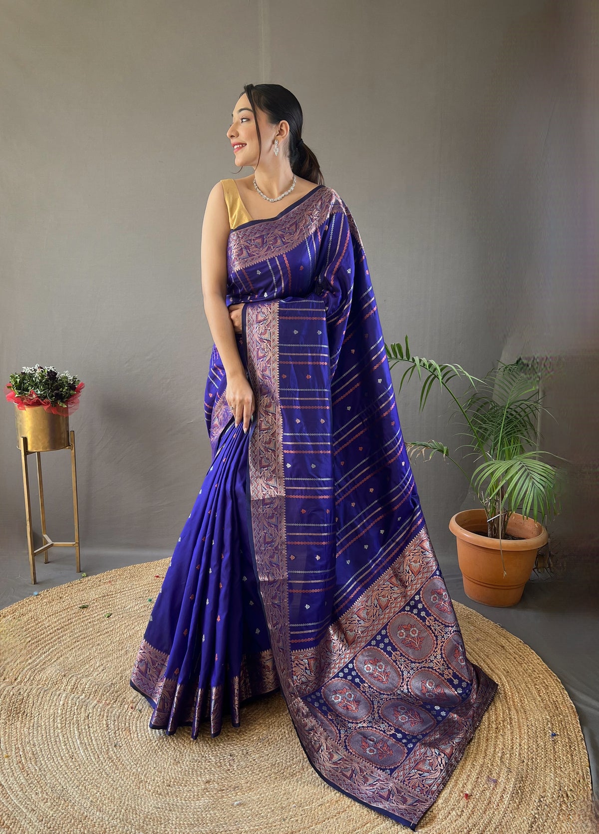 Elegantly Violate Color Woven Silk Saree with Silver, Copper, and Antique Detailing: Jacquard Border and All-Over Zari Lining with Unstitched Blouse Piece.