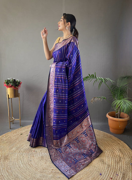 Elegantly Violate Color Woven Silk Saree with Silver, Copper, and Antique Detailing: Jacquard Border and All-Over Zari Lining with Unstitched Blouse Piece.