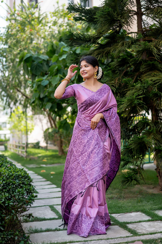 Violate Handloom Raw Silk Saree With Blouse