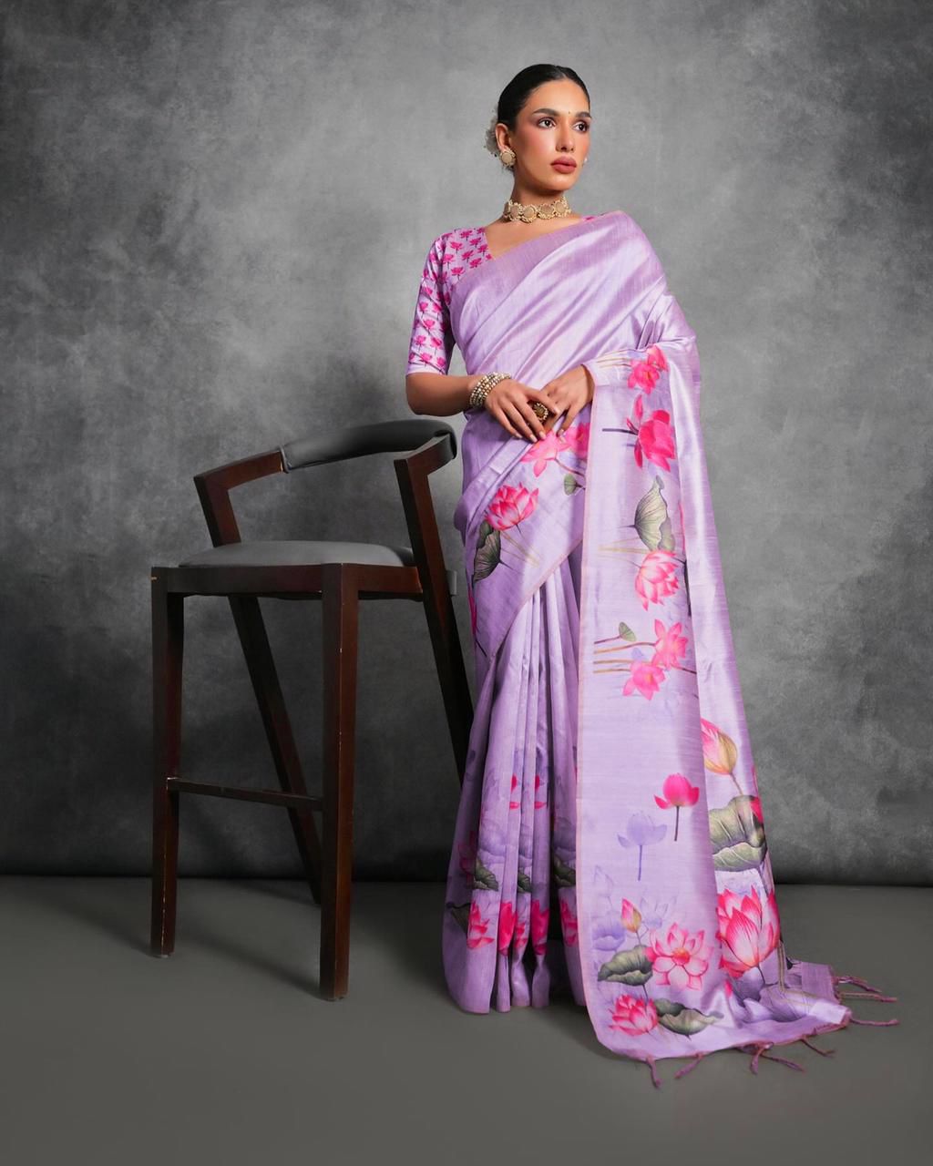 Exquisite Violate Color Tussar Silk Saree with Stunning Lotus Pichwai Print - A Blend of Traditional Elegance and Modern Floral Design.