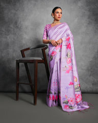 Violate Color Tussar Silk Saree with Stunning Lotus Pichwai Print