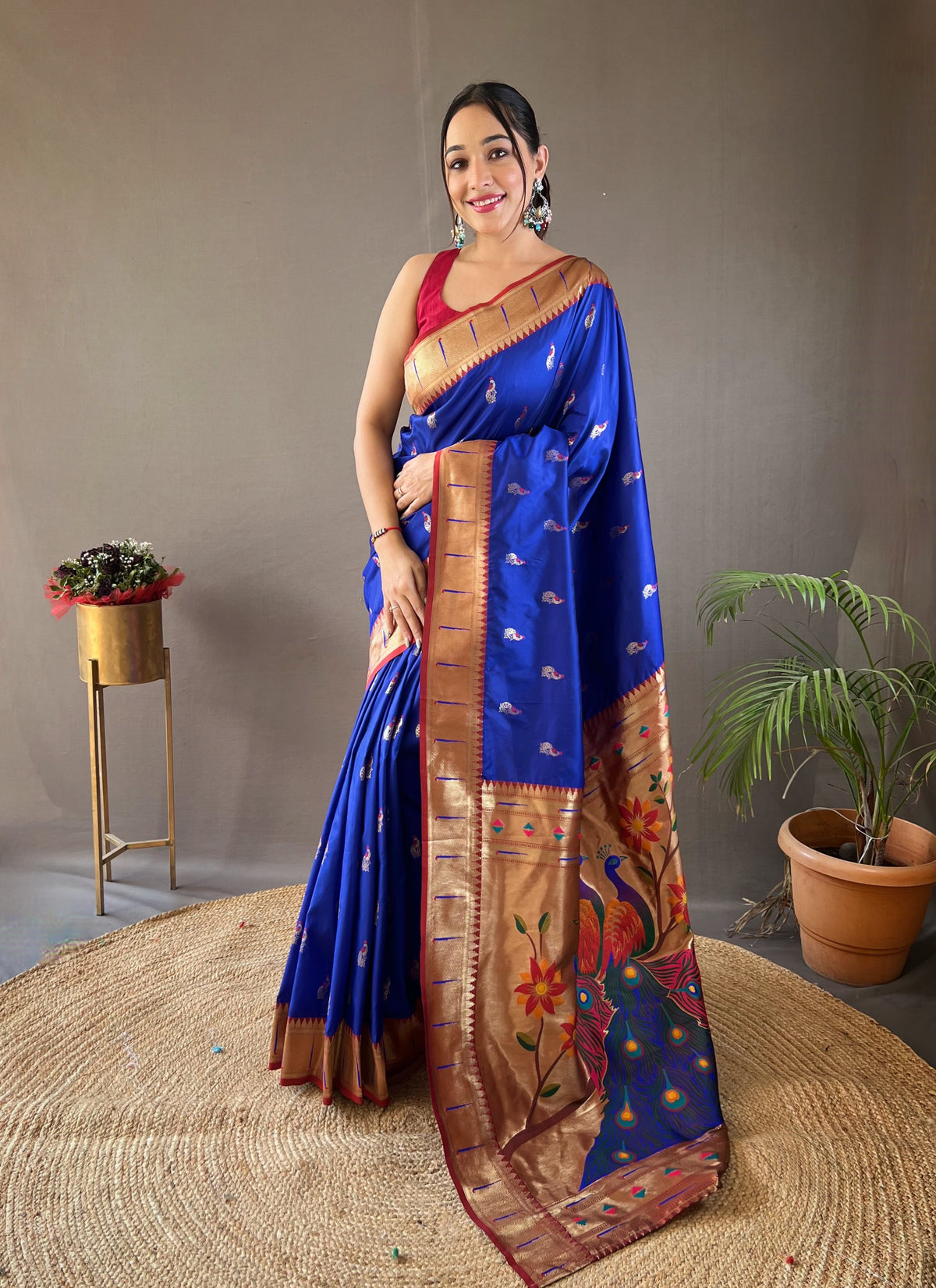 Violate Color Paithani Silk Saree with Rich Contrast Weaving Pallu, Border & Beautiful Buttis | Conceptual Brocade Unstitched Blouse Piece Included.