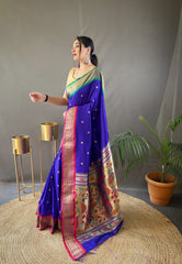 Blue Elegant Paithani Weaving Saree with Ganga Jamuna Border: Rich Pallu, All-Over Buttis & Unstitched Blouse Piece.