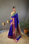 Blue Elegant Paithani Weaving Saree with Ganga Jamuna Border: Rich Pallu, All-Over Buttis & Unstitched Blouse Piece.