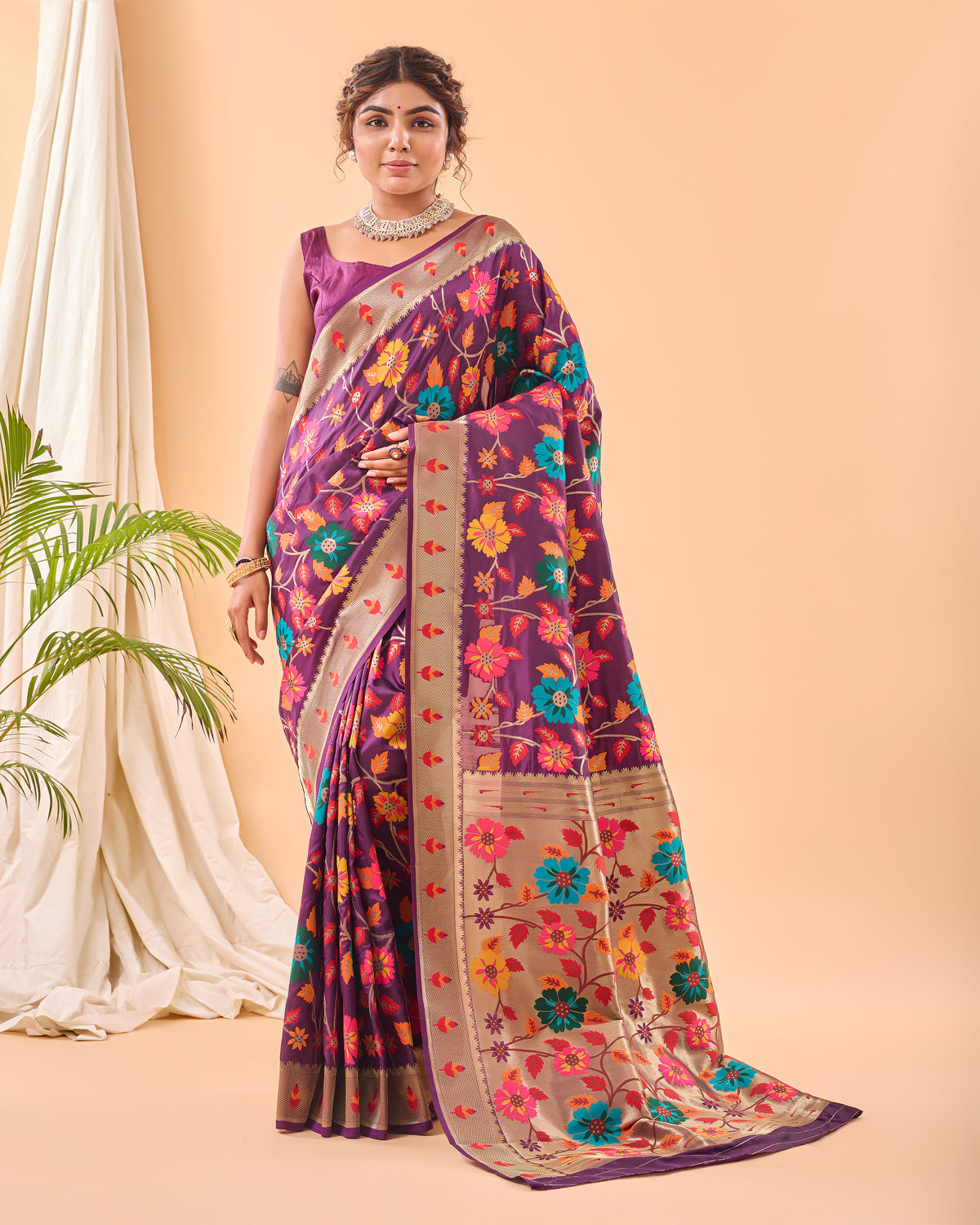 Wine Color Pure Paithani Silk Saree with Jaal Design and Meenakari Work, Paithani Border, and Rich Pallu – Includes Unstitched Blouse Piece.