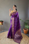 Elegantly Wine Woven Silk Saree with Silver, Copper, and Antique Detailing: Jacquard Border and All-Over Zari Lining with Unstitched Blouse Piece.