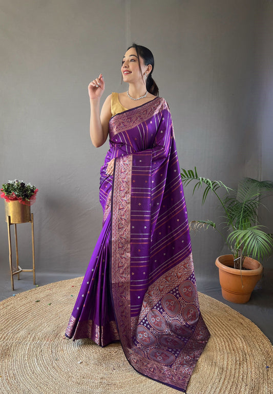 Elegantly Wine Woven Silk Saree with Silver, Copper, and Antique Detailing: Jacquard Border and All-Over Zari Lining with Unstitched Blouse Piece.