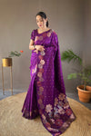 Wine Color Pure Soft Silk Saree with Copper & Gold Weaving, Floral Panel, All-Over Buttis | Fully Woven Unstitched Blouse.