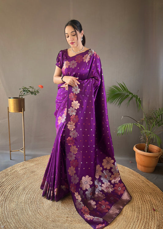 Wine Color Pure Soft Silk Saree with Copper & Gold Weaving, Floral Panel, All-Over Buttis | Fully Woven Unstitched Blouse.