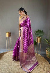 Wine Color Rosy Soft Silk Saree with Beautiful Border, Rich Pallu & Full Brocade | Unstitched Blouse Included.