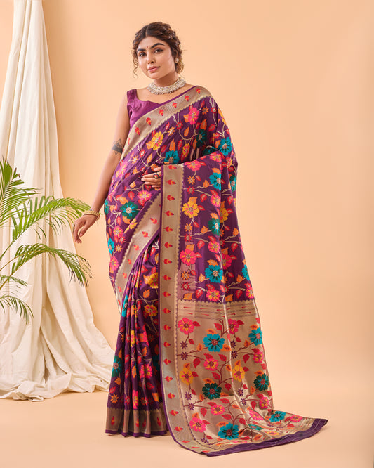 Wine Color Pure Paithani Silk Saree with Jaal Design