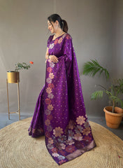 Wine Color Pure Soft Silk Saree with Copper & Gold Weaving, Floral Panel, All-Over Buttis | Fully Woven Unstitched Blouse.