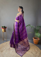 Elegantly Wine Woven Silk Saree with Silver, Copper, and Antique Detailing: Jacquard Border and All-Over Zari Lining with Unstitched Blouse Piece.