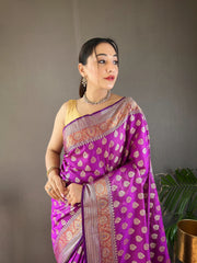 Wine Color Rosy Soft Silk Saree with Beautiful Border, Rich Pallu & Full Brocade | Unstitched Blouse Included.