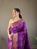 Elegantly Wine Woven Silk Saree with Silver, Copper, and Antique Detailing: Jacquard Border and All-Over Zari Lining with Unstitched Blouse Piece.