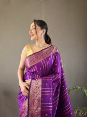 Elegantly Wine Woven Silk Saree with Silver, Copper, and Antique Detailing: Jacquard Border and All-Over Zari Lining with Unstitched Blouse Piece.