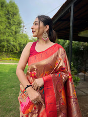 Wine Color Pure Paithani Saree with All-Over Zari and Meenakari Weaves | Richly Woven Pallu | Stunning Multi-Colored Border | Includes Unstitched Blouse Piece.