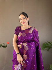 Wine Color Pure Soft Silk Saree with Copper & Gold Weaving, Floral Panel, All-Over Buttis | Fully Woven Unstitched Blouse.