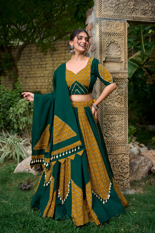 Green and Mustard Lehenga with Geometric Patterns and Tassel Detailing