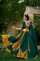 Green and Mustard Lehenga with Geometric Patterns and Tassel Detailing