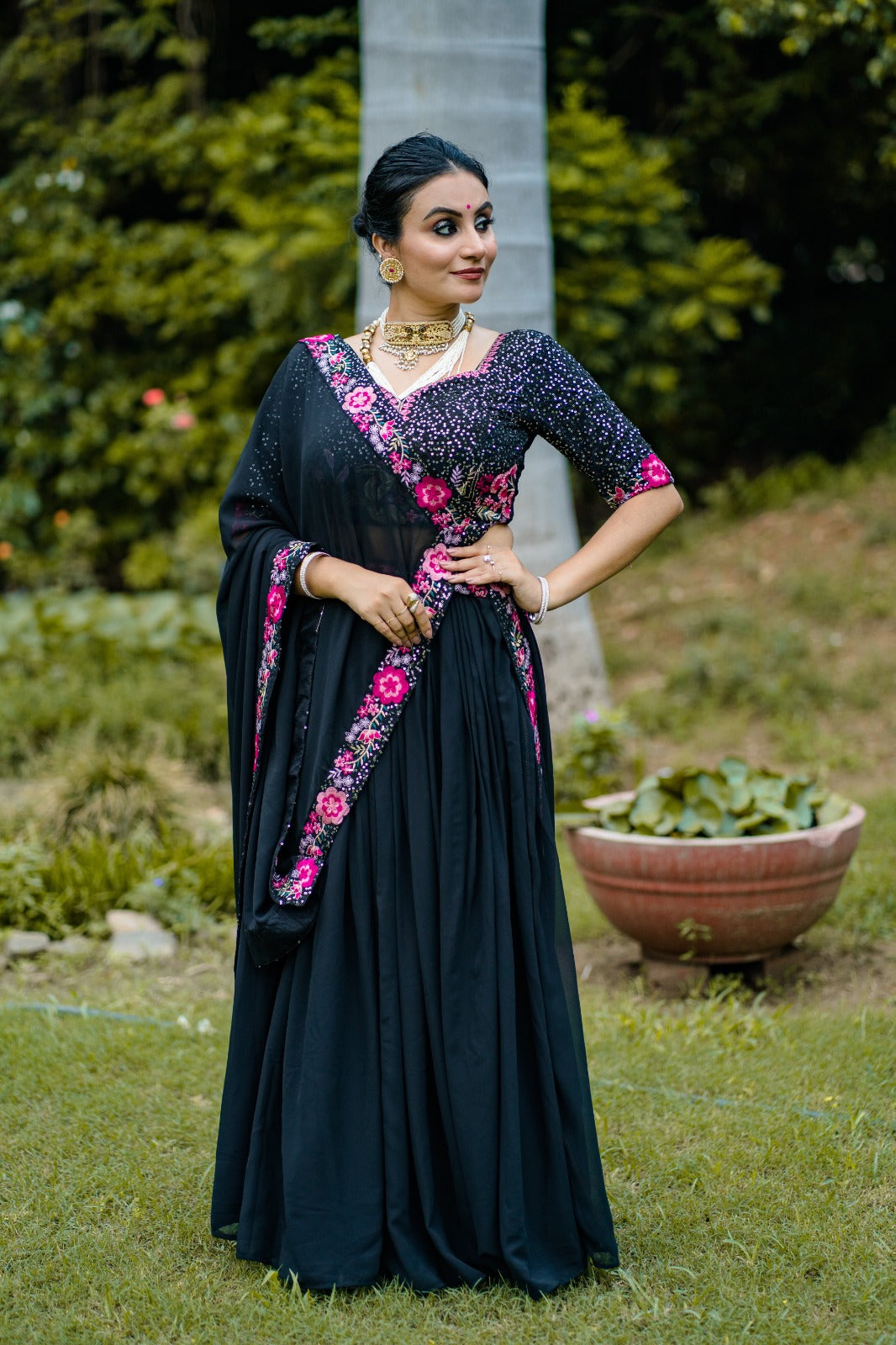 Black Georgette Lehenga Choli with Sequins and Intricate Embroidery