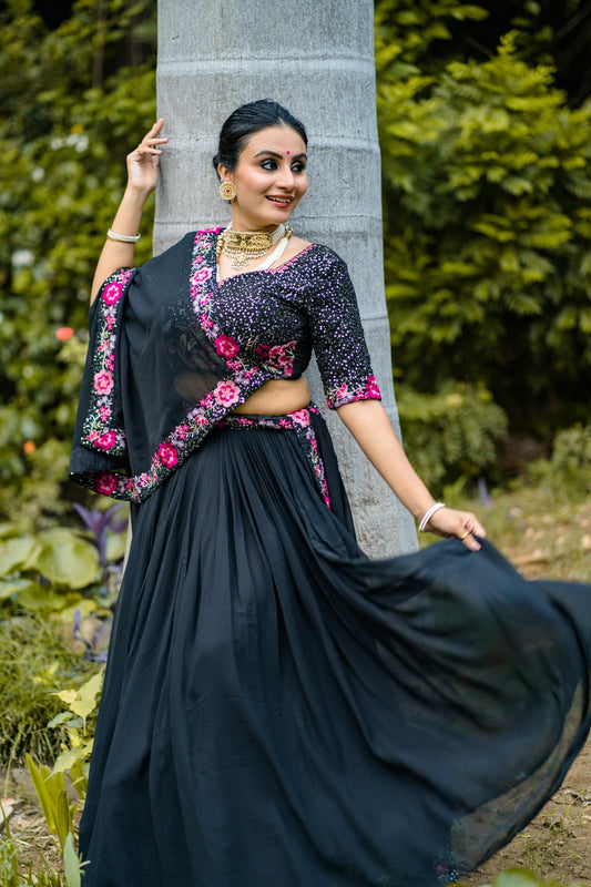 Black Georgette Lehenga Choli with Sequins and Intricate Embroidery