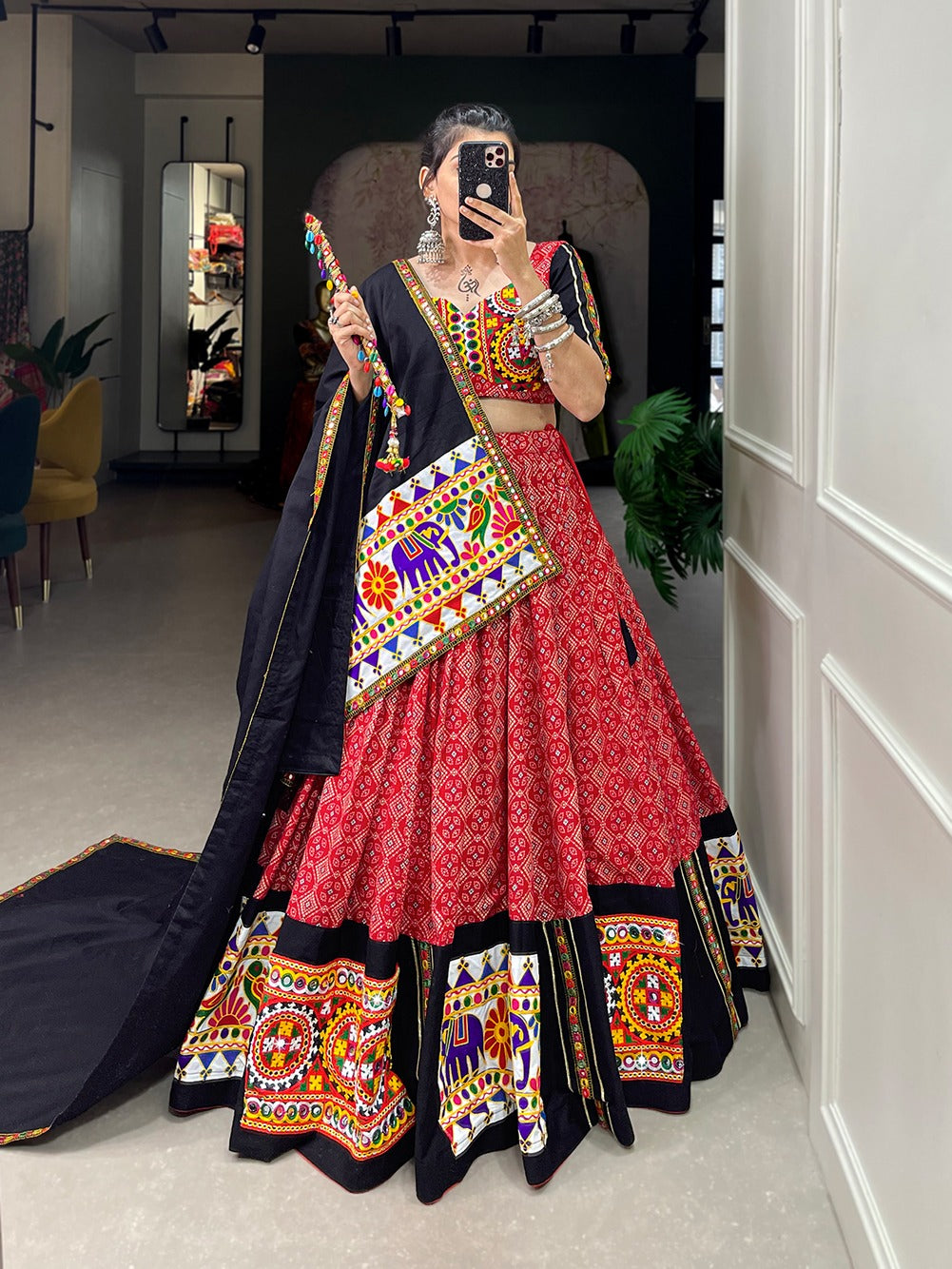 Red Color Navratri lehenga choli with Gamthi and Mirror Work