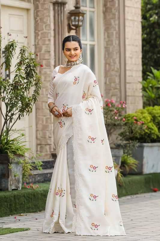 White Tussar Cotton Saree with Floral Sequins Embroidery