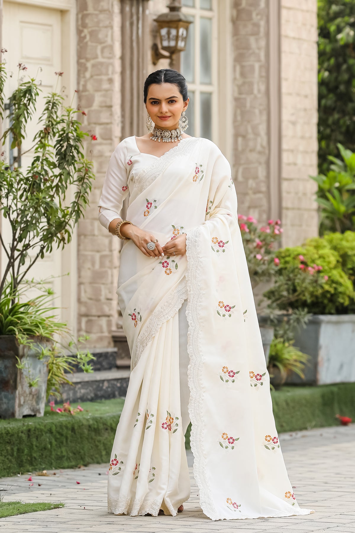 White Tussar Cotton Saree with Floral Sequins Embroidery