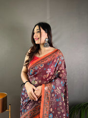 Wine Malai Cotton Saree with Kalamkari Print