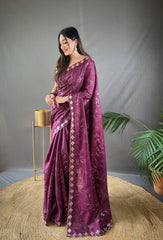 Wine Pure Ruhi Silk Embroidered Saree With Blouse