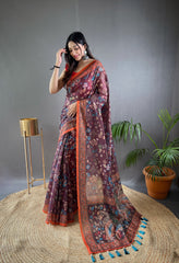 Wine Malai Cotton Saree with Kalamkari Print