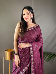 Wine Pure Ruhi Silk Embroidered Saree With Blouse