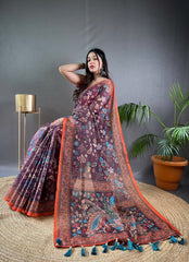 Wine Malai Cotton Saree with Kalamkari Print