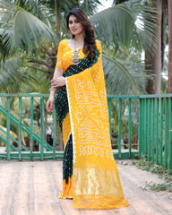 Premium Yellow Pure Bandhej Silk Saree with Zari Weaving, Rich Tissue Pallu & Unstitched Blouse Piece.