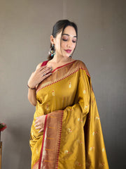 Yellow Color Paithani Silk Saree with Rich Contrast Weaving Pallu, Border & Beautiful Buttis | Conceptual Brocade Unstitched Blouse Piece Included.