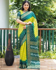 Authentic Yellow Pure Bandhej Silk Saree with Zari Weaving, Broad Border, Rich Pallu & Unstitched Blouse Piece.