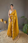 Yellow Pure Tussar Silk Saree With Embroidery Work