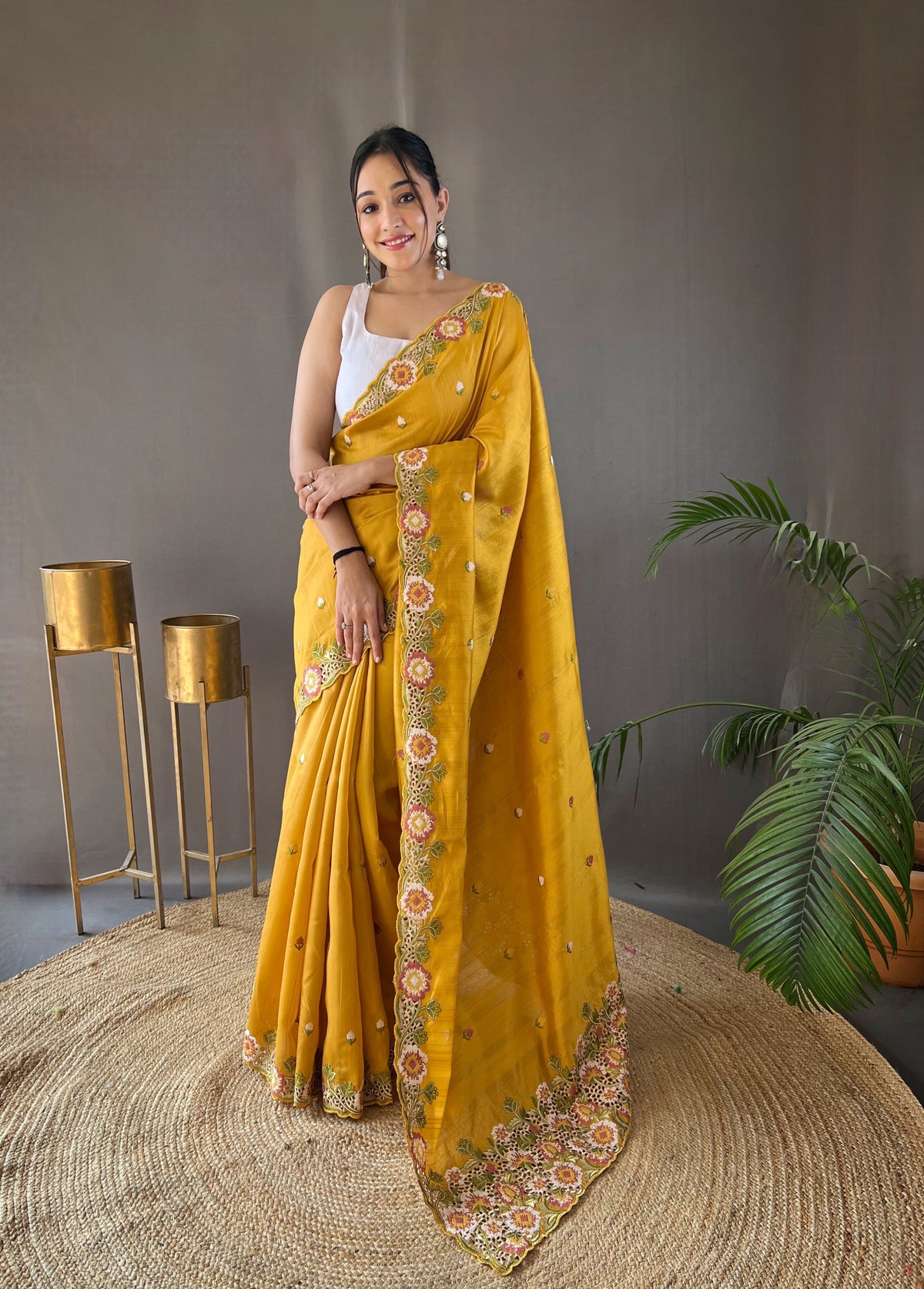 Yellow Pure Tussar Silk Saree With Embroidery Work