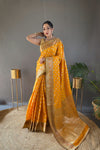 Yellow Color Rosy Soft Silk Saree with Beautiful Border, Rich Pallu & Full Brocade | Unstitched Blouse Included.