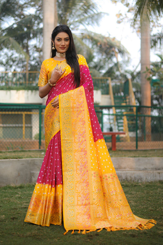 Yellow Handmade Bandhej Kanjivaram Silk Saree For Women